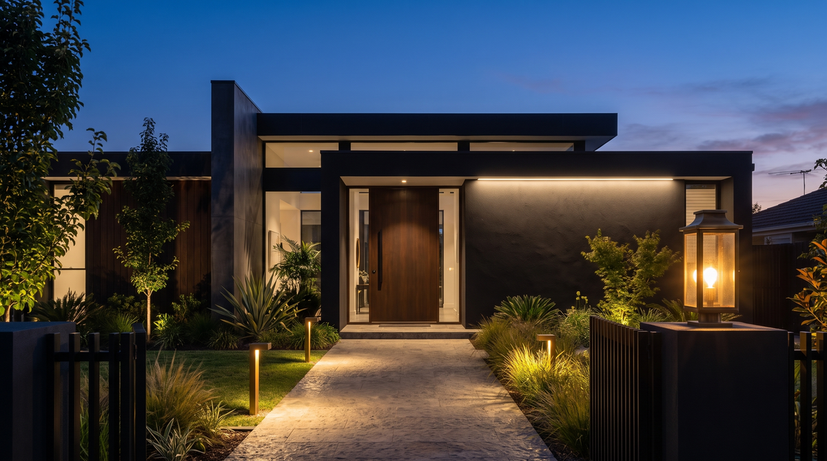 Contemporary home facade and garden path lit by warm LED landscape lighting at blue hour