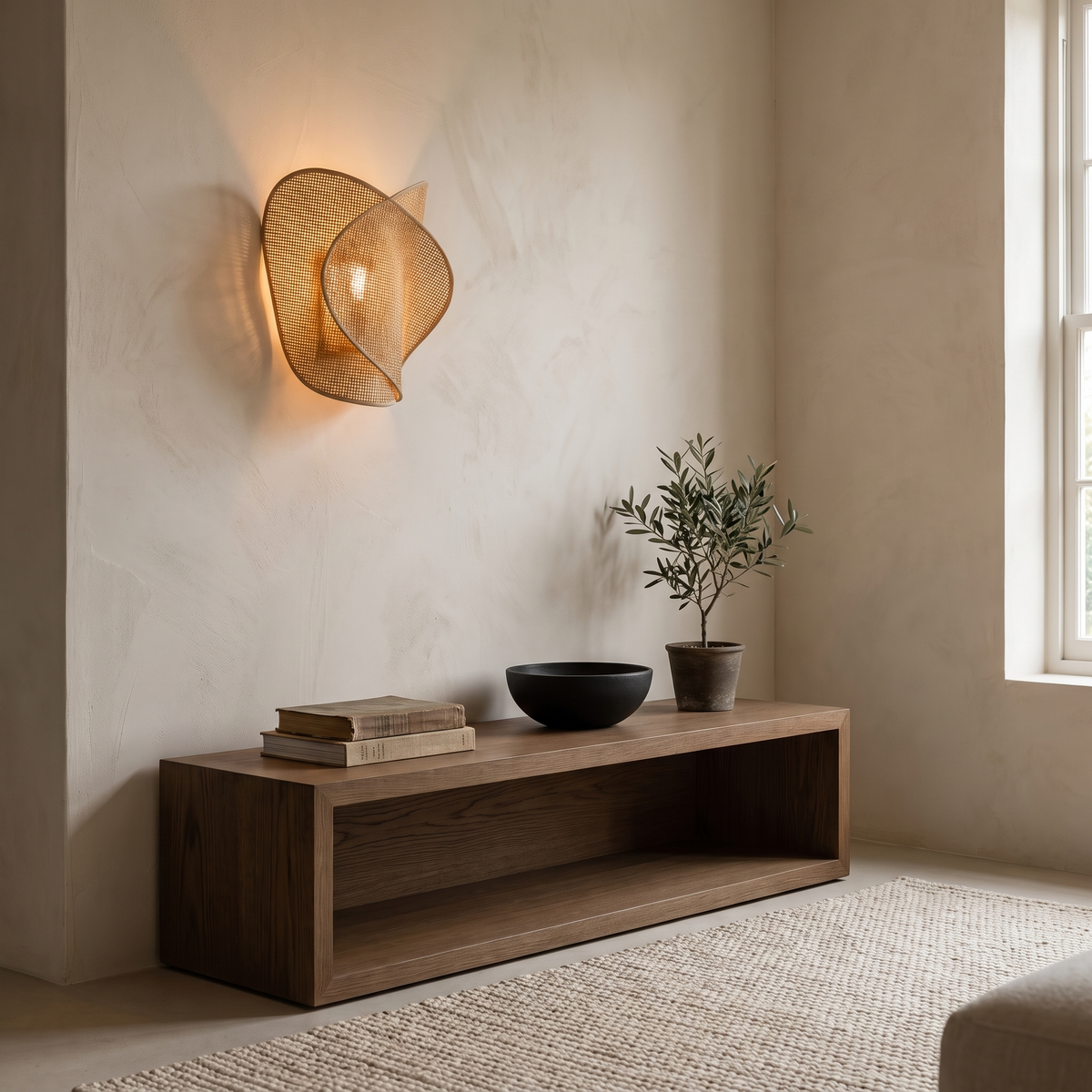 Aeravel brand image, evening interior corner with sculptural wall light