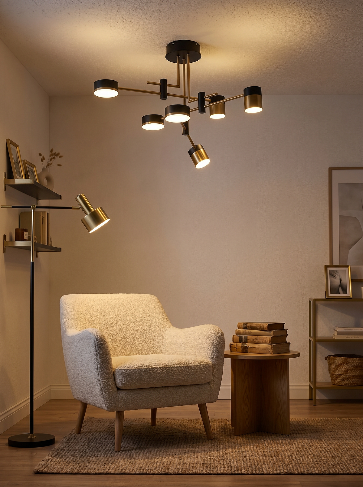 Astraeo chandelier head aimed at a reading chair