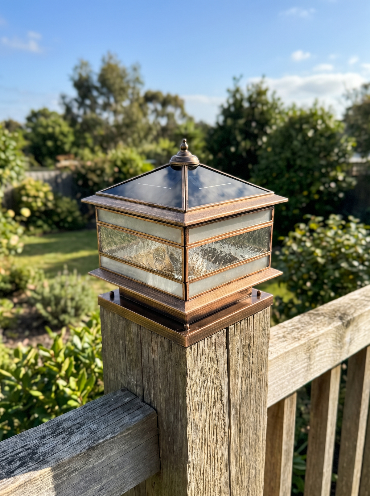 Brassano lantern on a fence post charging in the sun