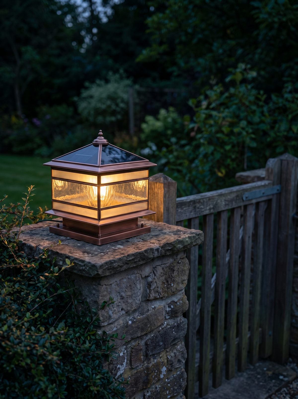 Brassano lantern glowing at dusk beside a garden gate