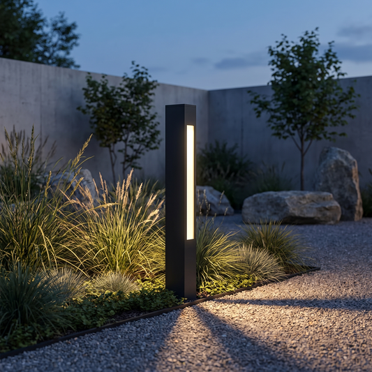 Verdano bollard light in a planting bed of grasses in the evening