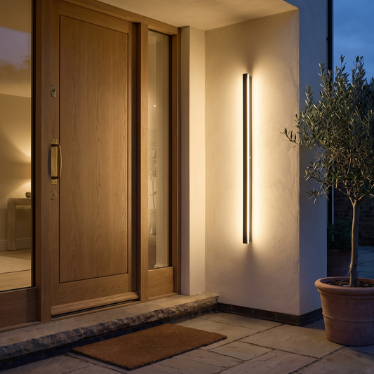 Lumera wall light beside a modern front door at dusk