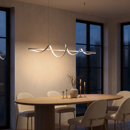 Ondelle chandelier lighting a quiet dining room at dusk