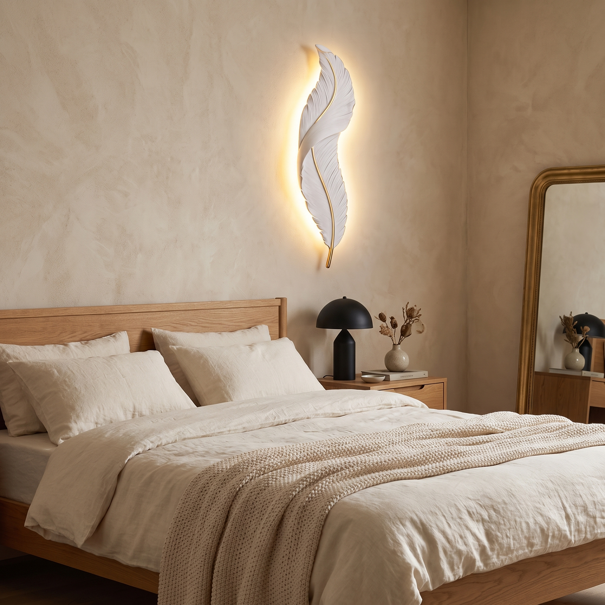 Plumea sconce on a plaster wall beside a bed in the evening