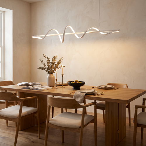 Ondelle chandelier above an oak dining table in the evening