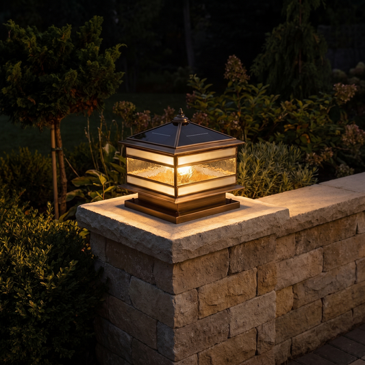 Brassano lantern on a low garden wall at night