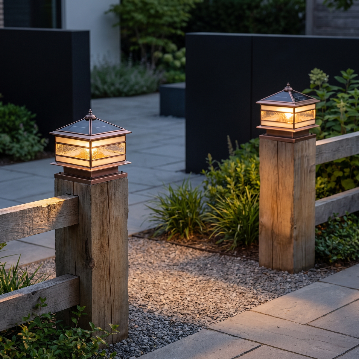Two Brassano lanterns capping fence posts beside a gravel path