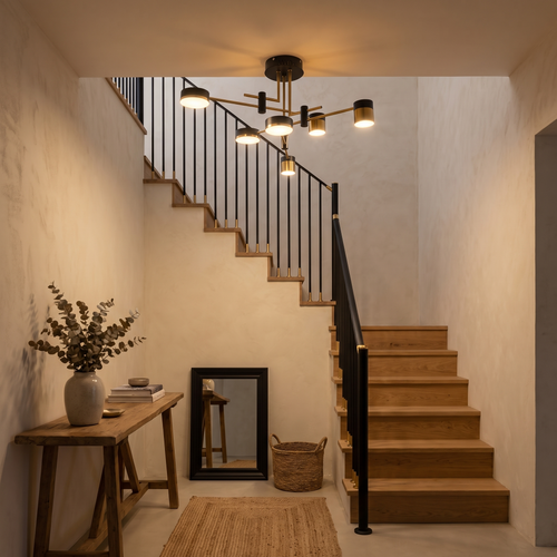 Astraeo chandelier hanging in an entry hall stairwell at dusk