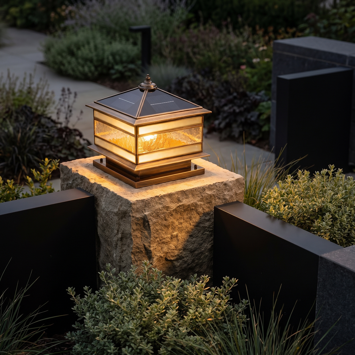 Brassano lantern on a stone gate pillar at dusk