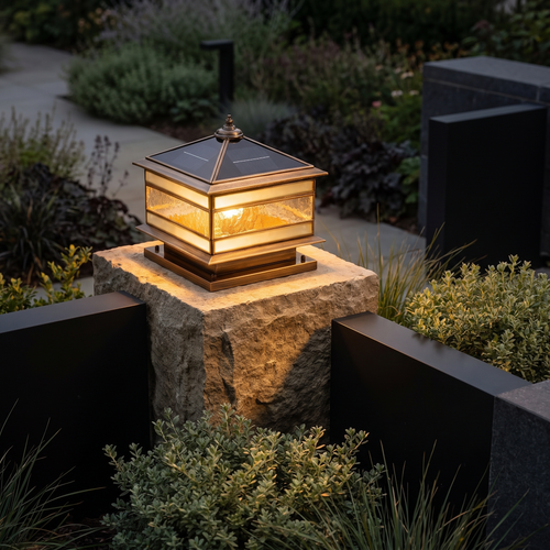 Brassano lantern on a stone gate pillar at dusk