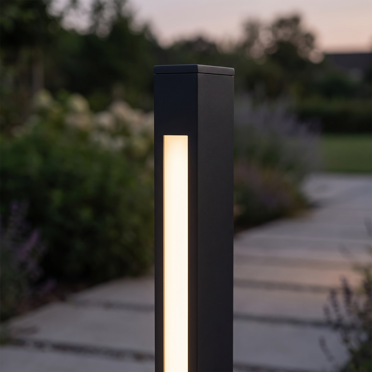 Close detail of the glowing slot of the Verdano bollard light
