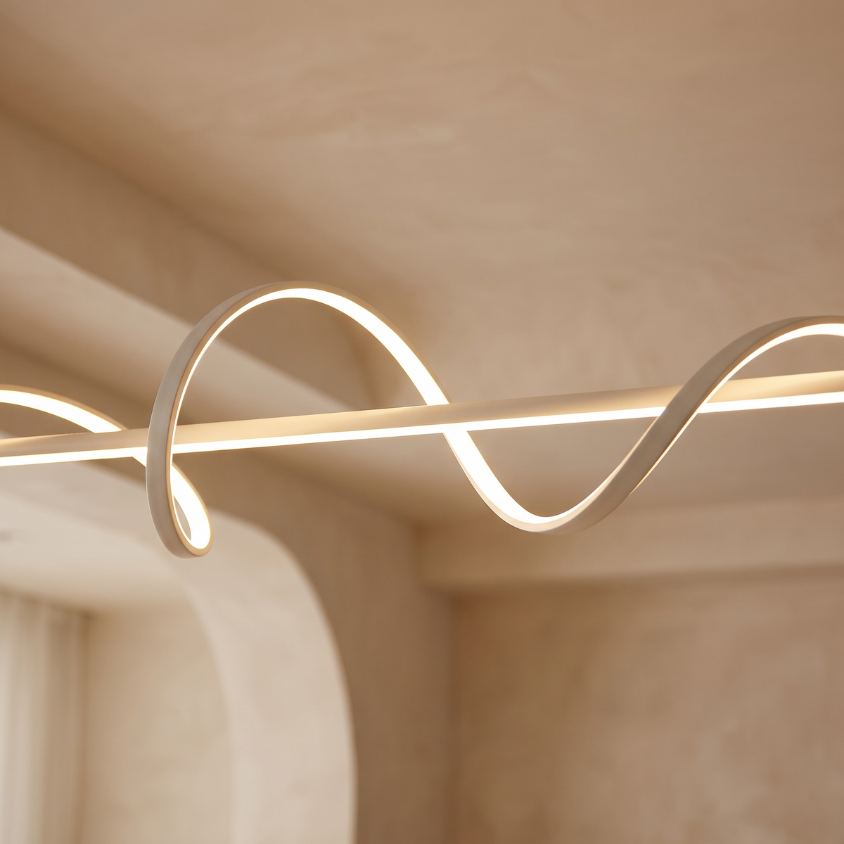 Close detail of the illuminated ribbon of the Ondelle chandelier