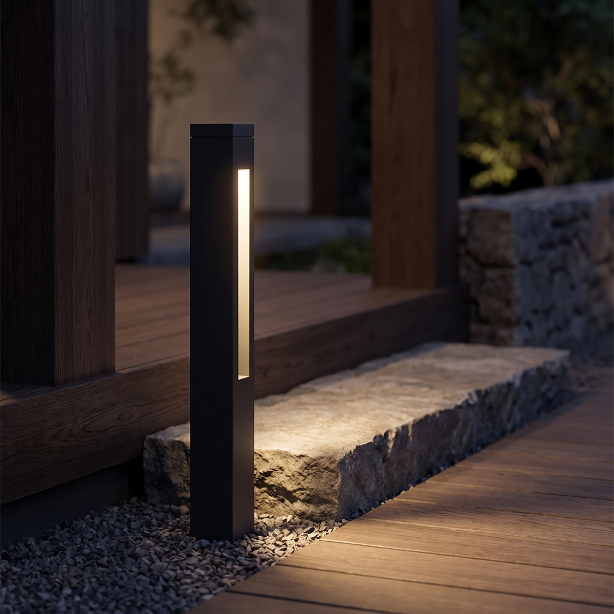 Verdano bollard light beside a low stone step at night