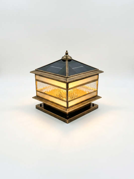 Brassano Copper Solar Pillar Light Waterproof Glass Fence Post Lantern for Gardens