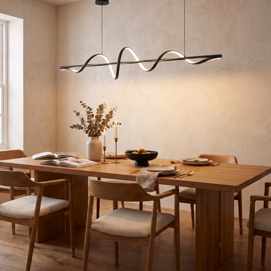 Ondelle chandelier in black above an oak dining table in the evening