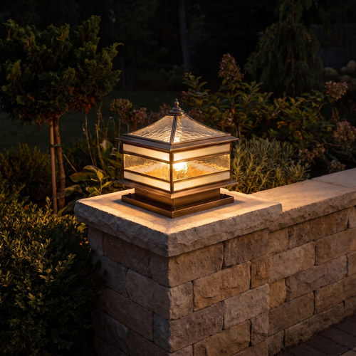 Hardwired Brassano lantern with its glass roof on a low garden wall at night