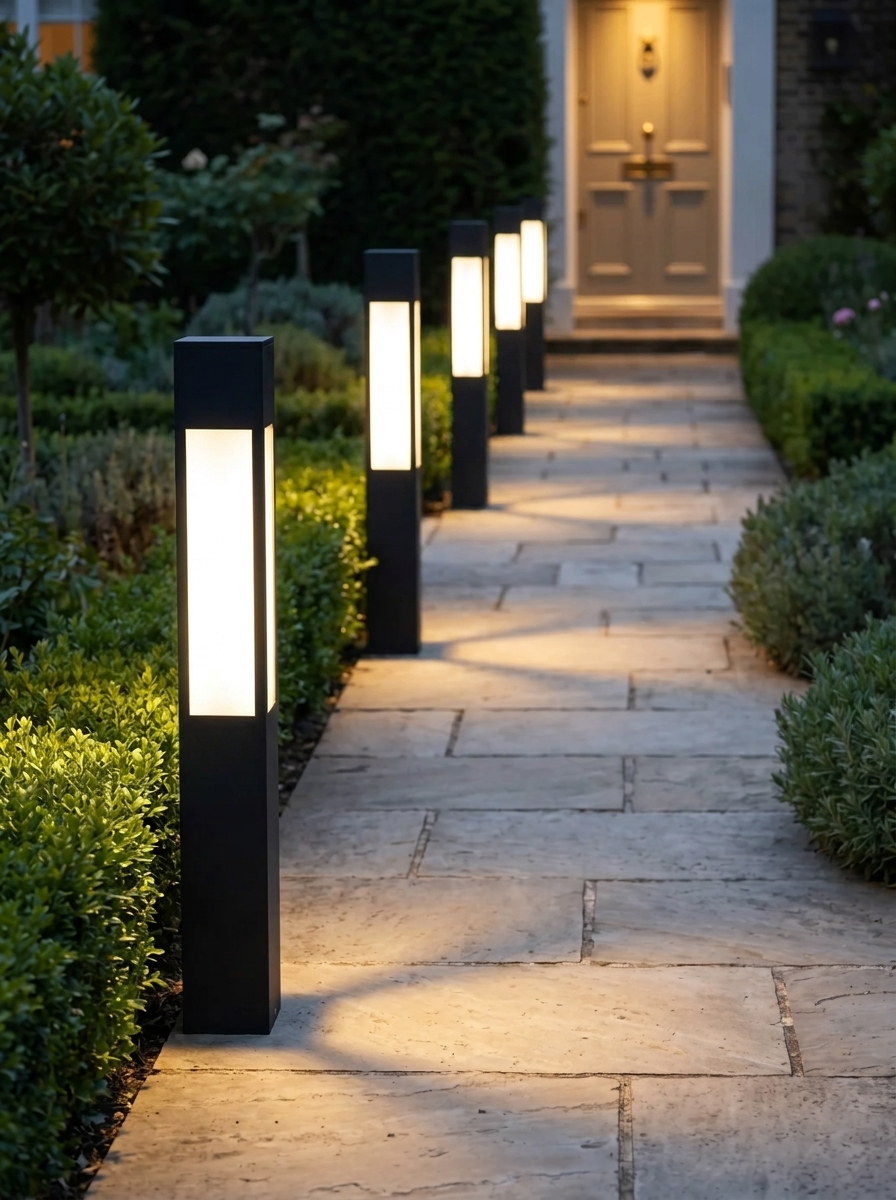 Verdano bollards lighting a stone path to a front door